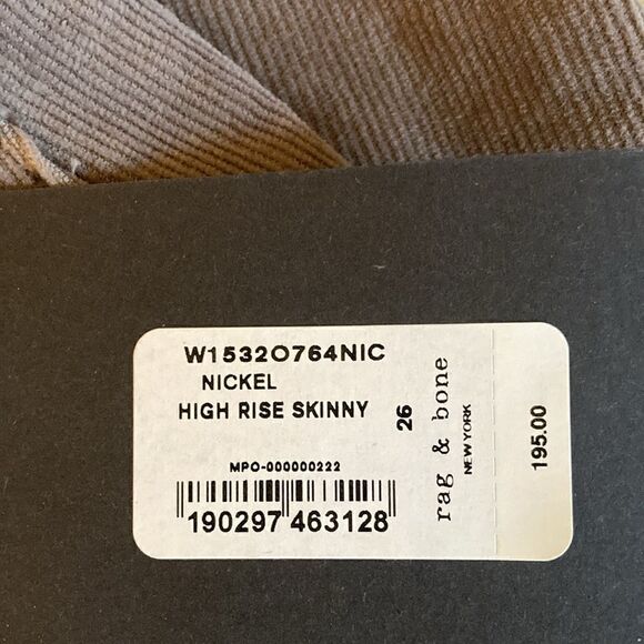 Rag & Bone NWT High Rise Skinny 5 Pocket Corduroy Jean in Nickle. Size 26. - Picture 8 of 9